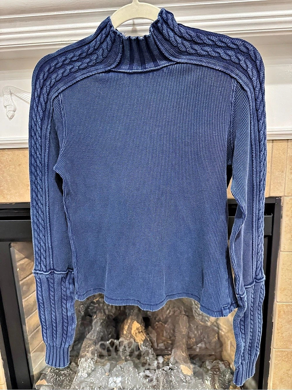 Free People WTF Breezy Swit Top Cable Knit Mock Neck Top in Vintage Grape (blue)